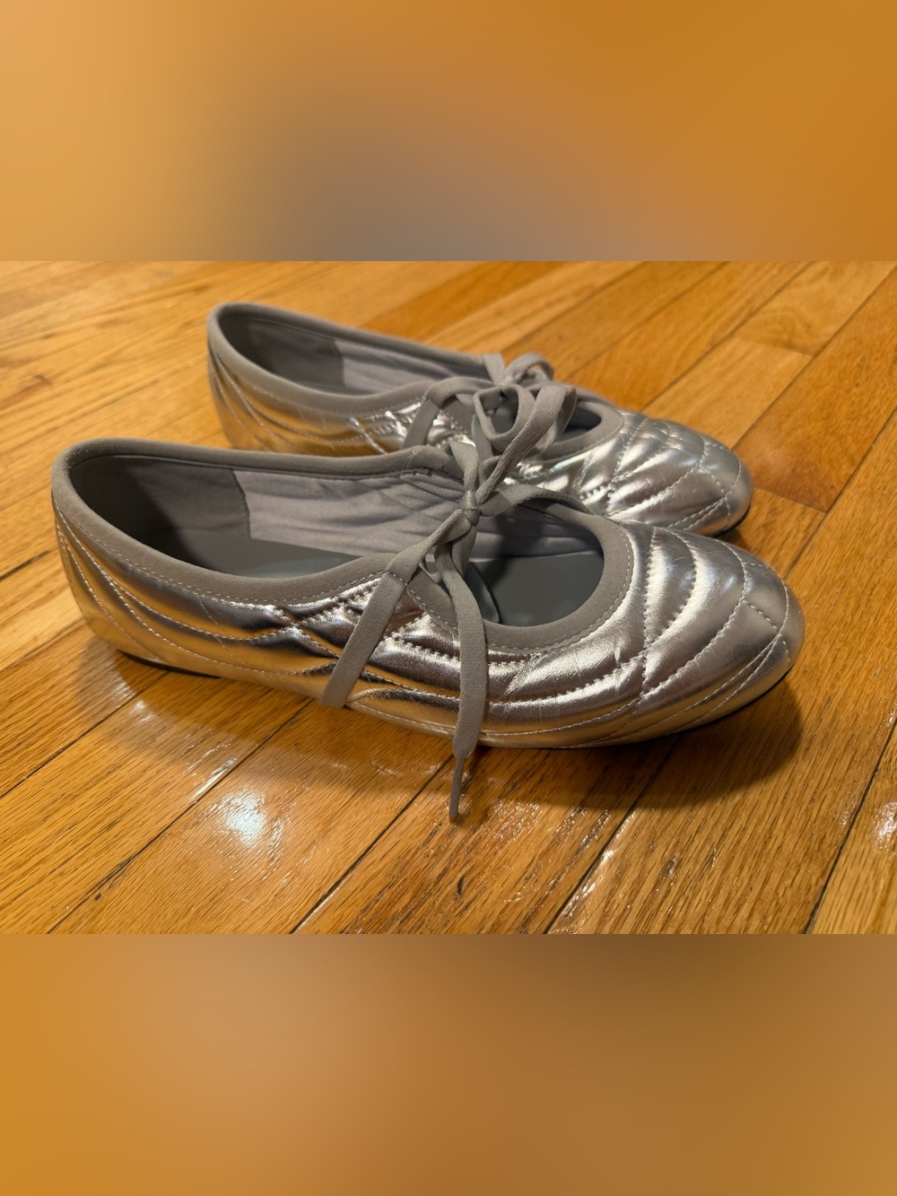 JW PEI Topstitching Erika Silver Lace-Up Ballet Flats Size 10 VGUC